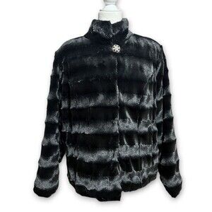 Dennis Basso Black Faux Fur Button Up Glam Coat Horizontal Pelted Women’s XL